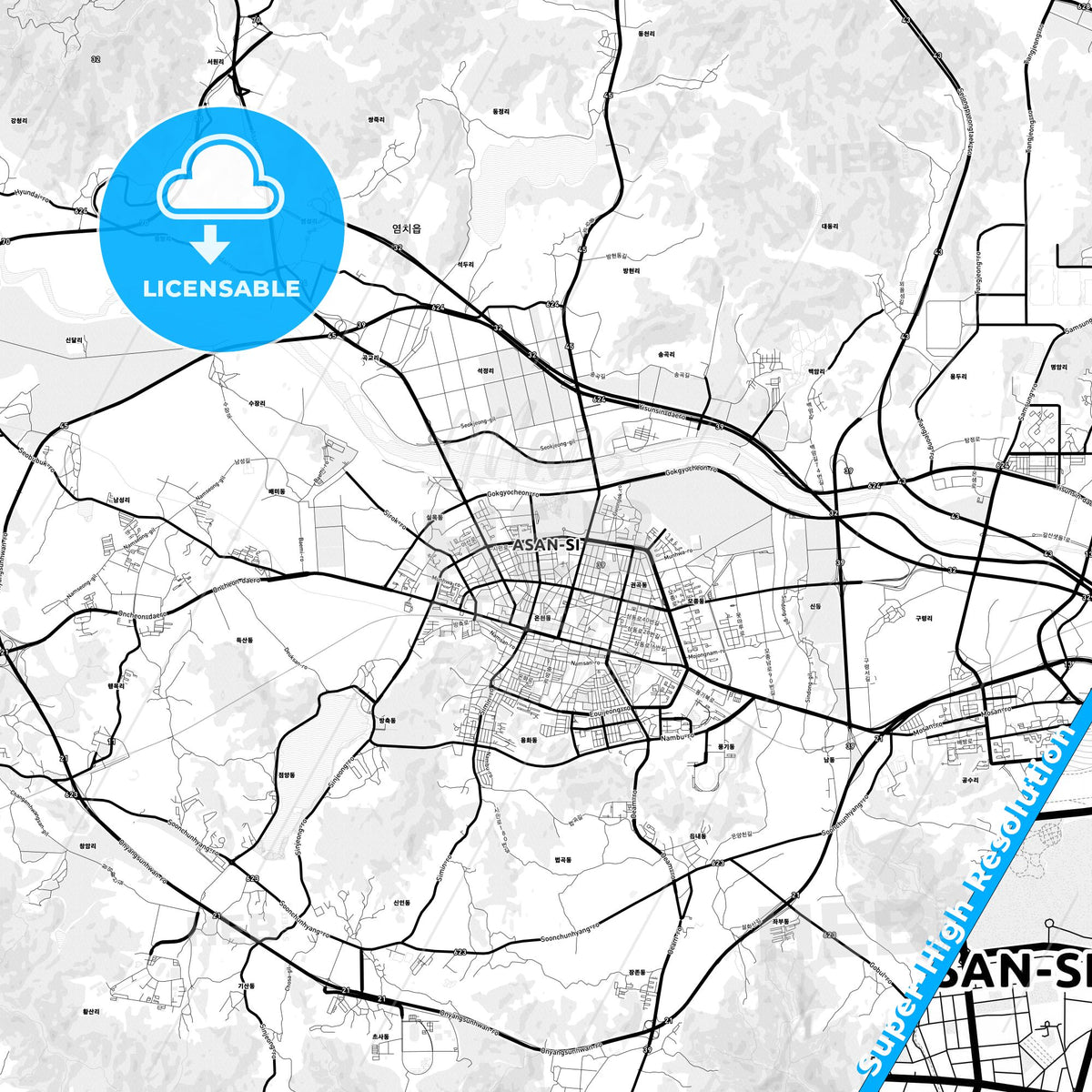 Asan, South Korea Light Map with Street Names, City Names, and Districts