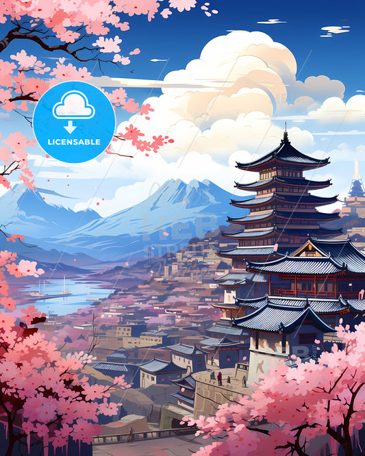 Vibrant Asan South Korea Skyline Painting Pagoda Cherry Blossoms