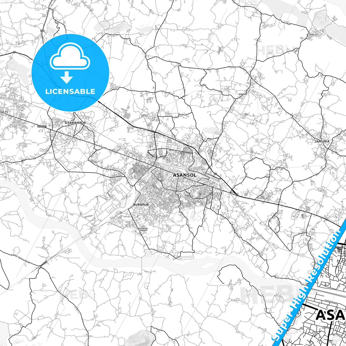 Asansol, India light map with streetnames, citynames and districts