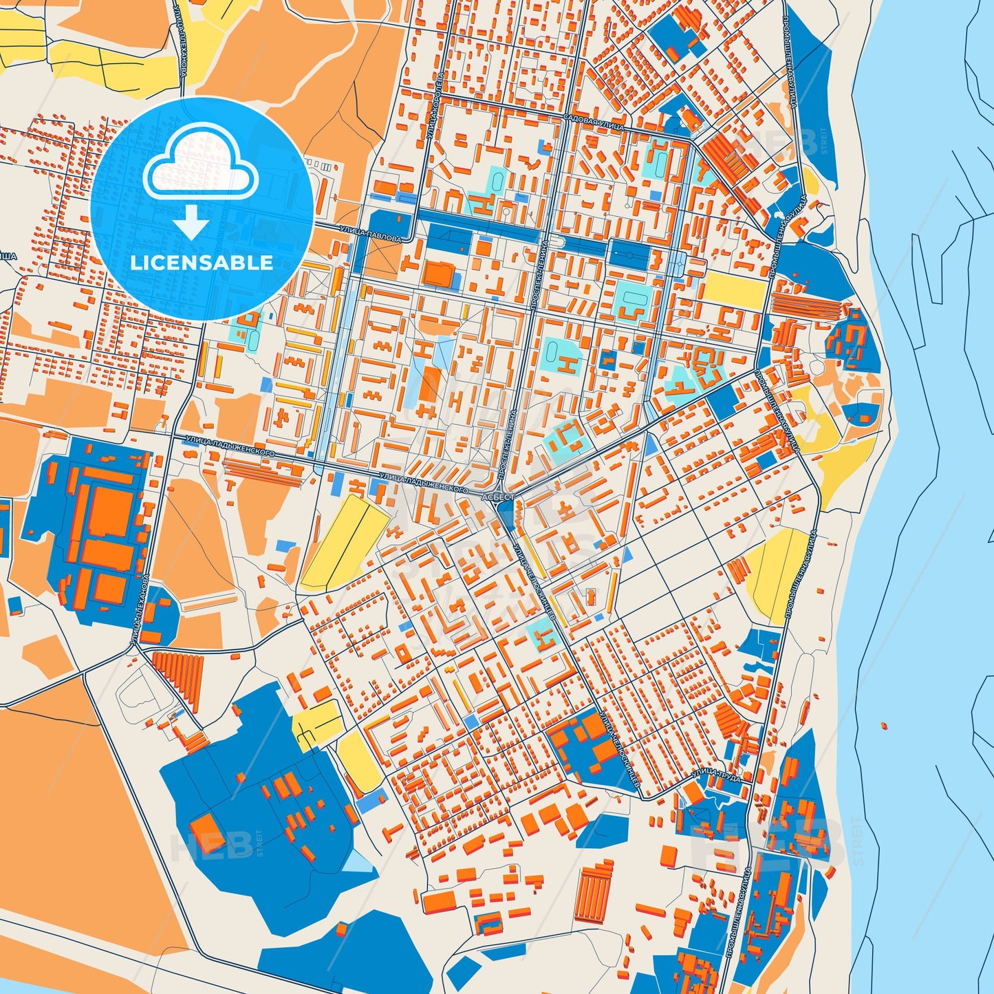 Colorful Asbest Street Map with Labels and Buildings