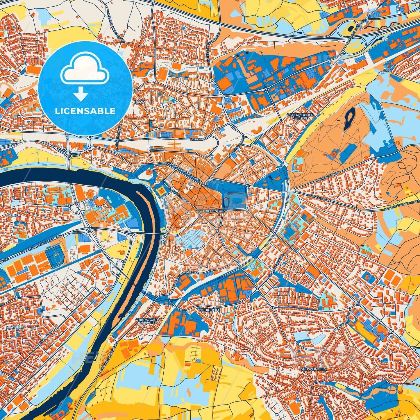 Colorful Aschaffenburg Street Map with Labels and Buildings