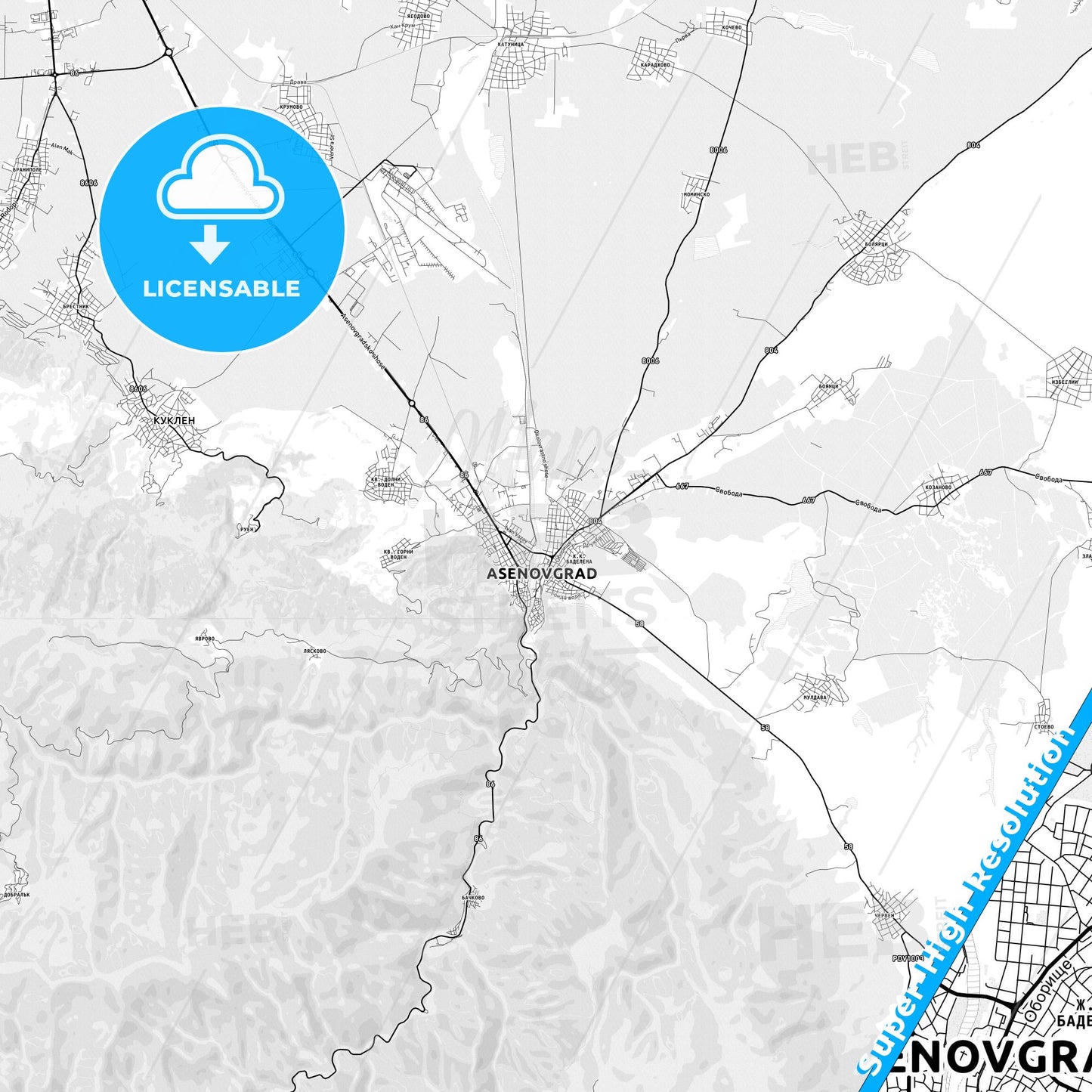Asenovgrad, Bulgaria light map with streetnames, citynames and districts