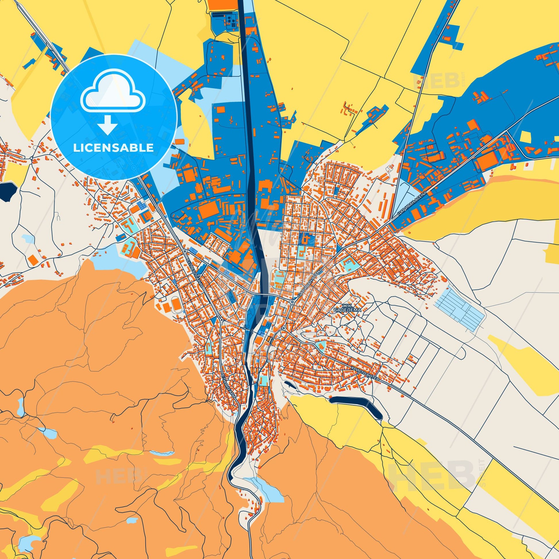 Colorful Asenovgrad Street Map with Labels and Buildings