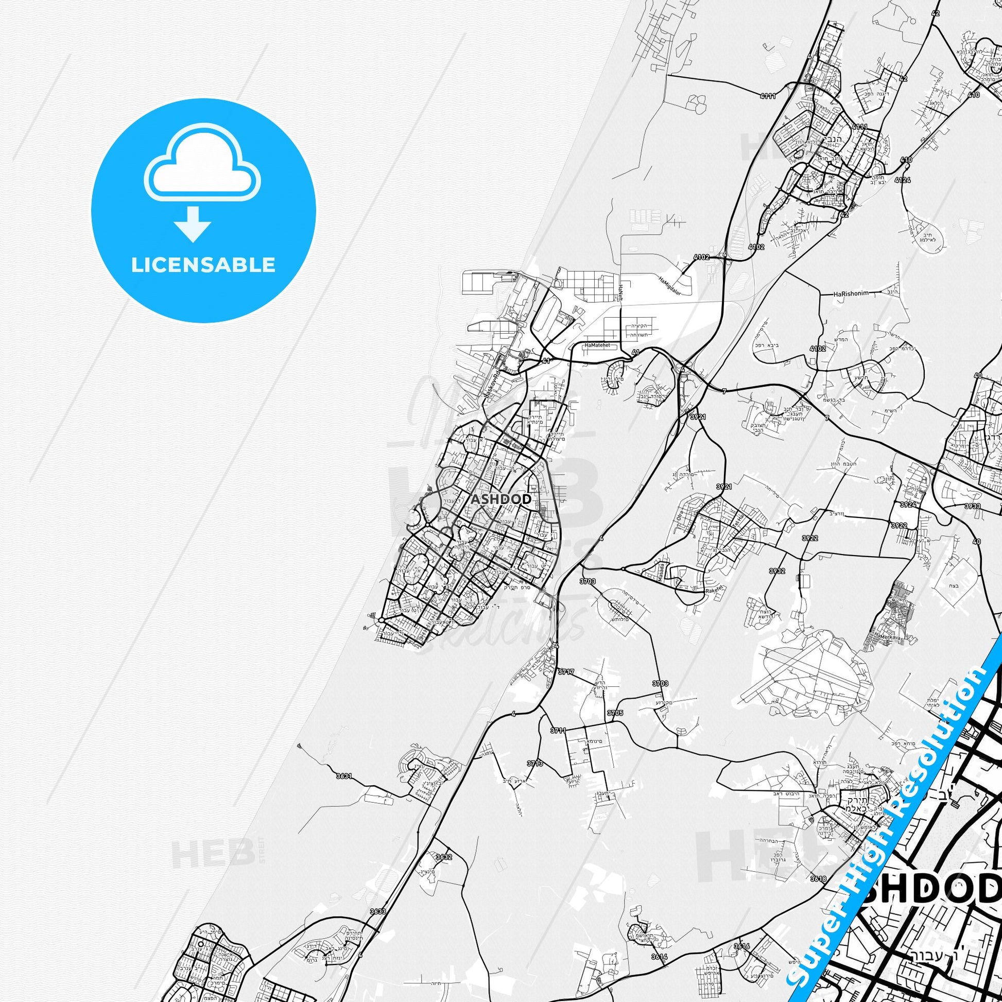 Ashdod, Israel light map with streetnames, citynames and districts