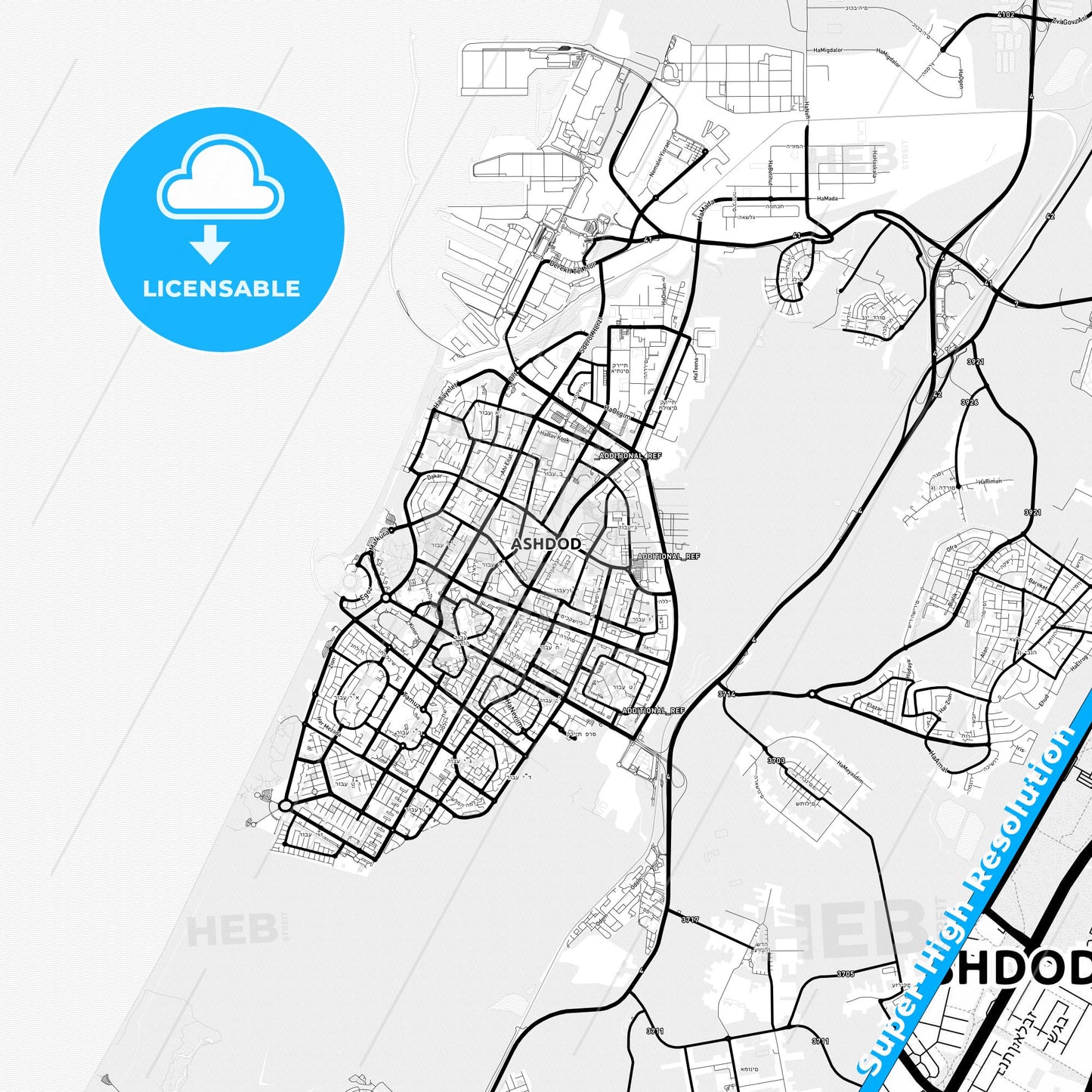 Ashdod, Israel Light Map with Street Names, City Names, and Districts