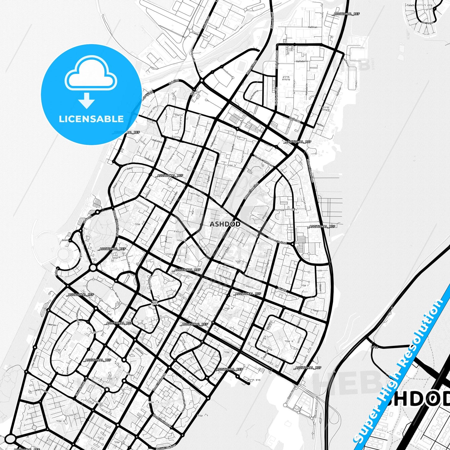 Ashdod, Israel Light Map with Street Names, City Names, and Districts