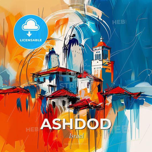 Vibrant Ashdod, Israel - A Painting Of Buildings And Towers - Square format print template