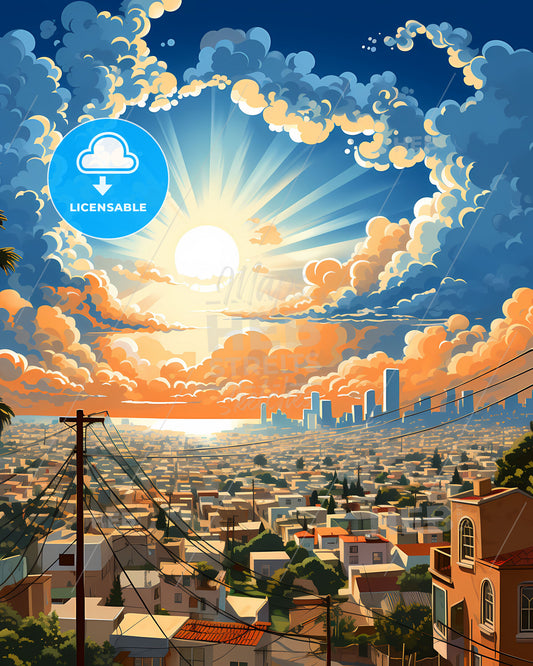 Vibrant Ashdod Israel City Skyline Painting with Clouds and Sun Art