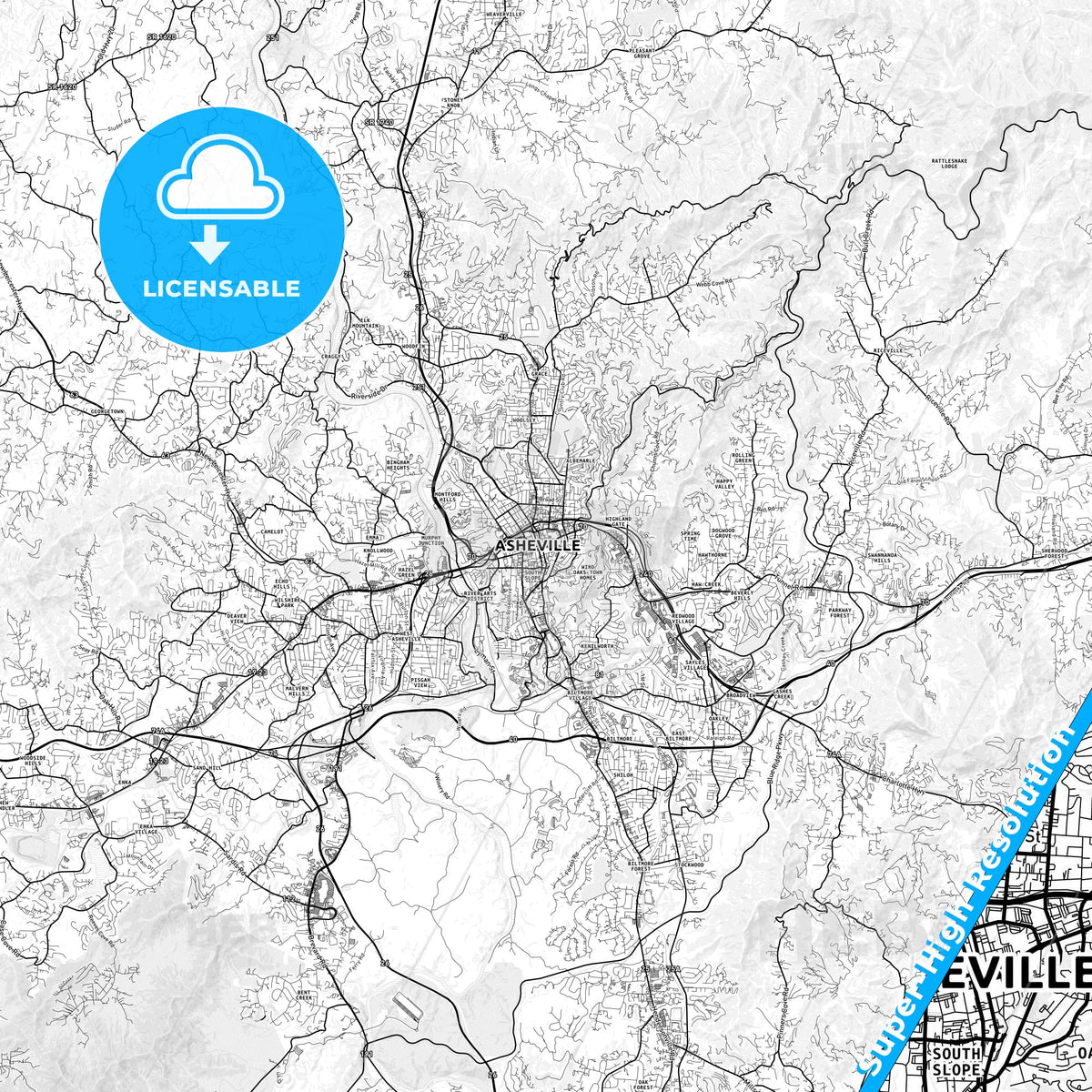 Asheville, North Carolina light map with streetnames, citynames and districts