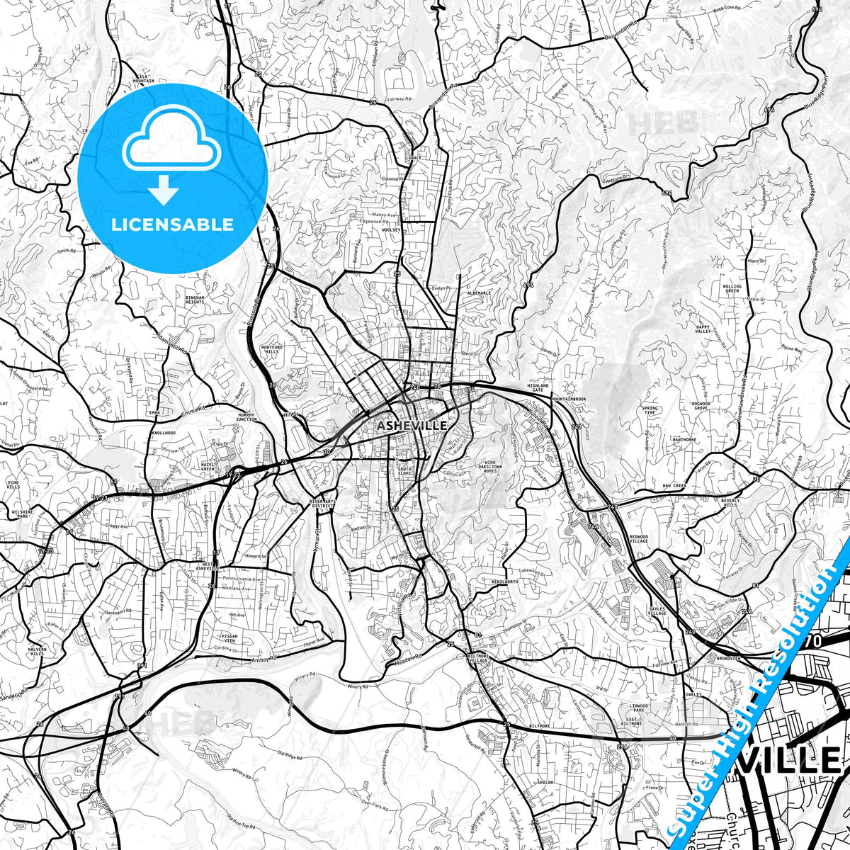 Asheville, North Carolina Light Map with Street Names, City Names, and Districts