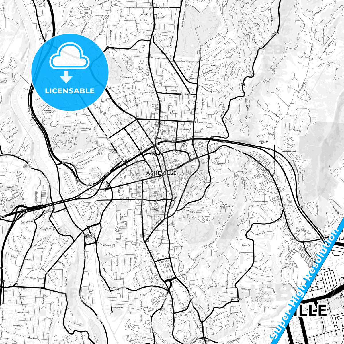 Asheville, North Carolina Light Map with Street Names, City Names, and Districts