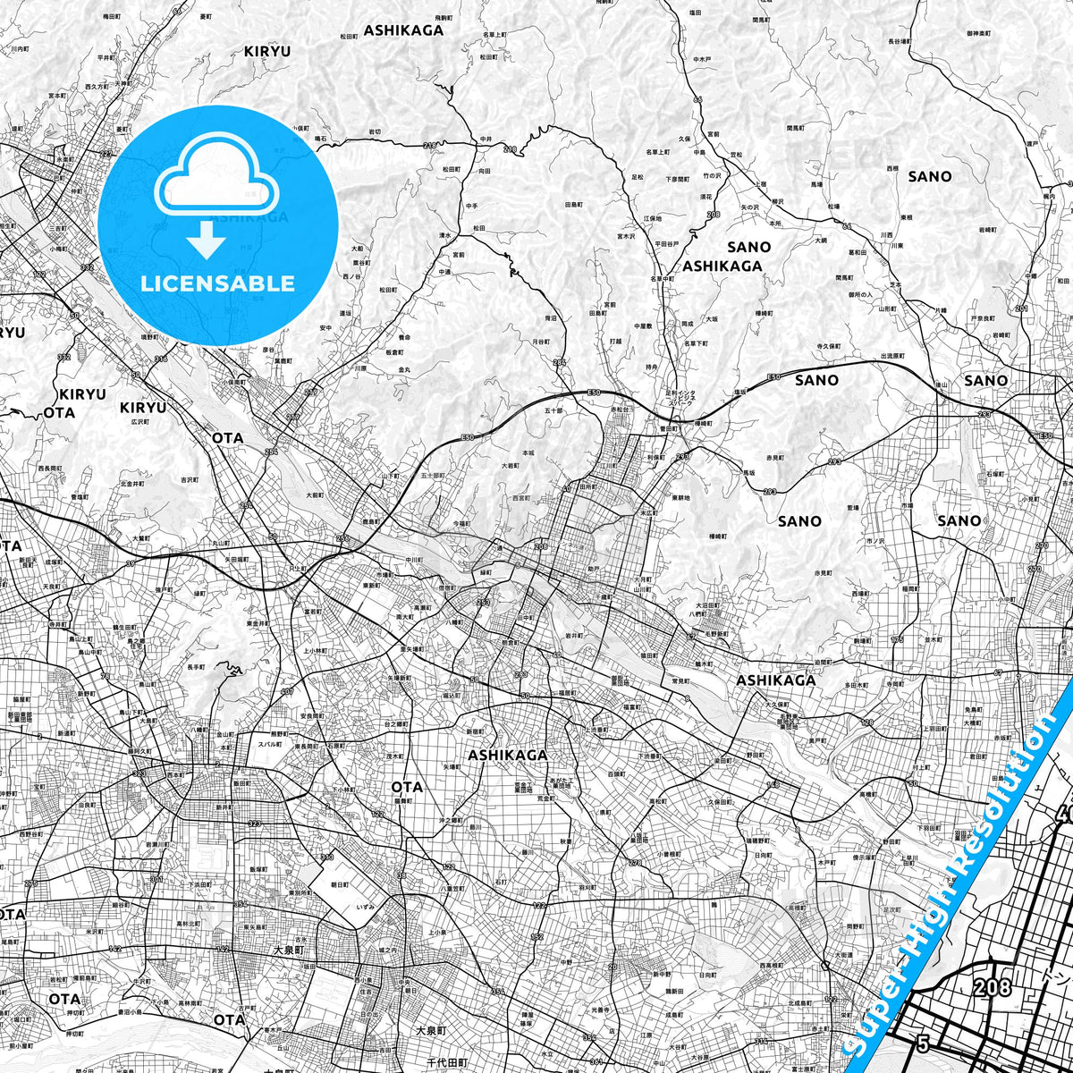 Ashikaga, Japan light map with streetnames, citynames and districts