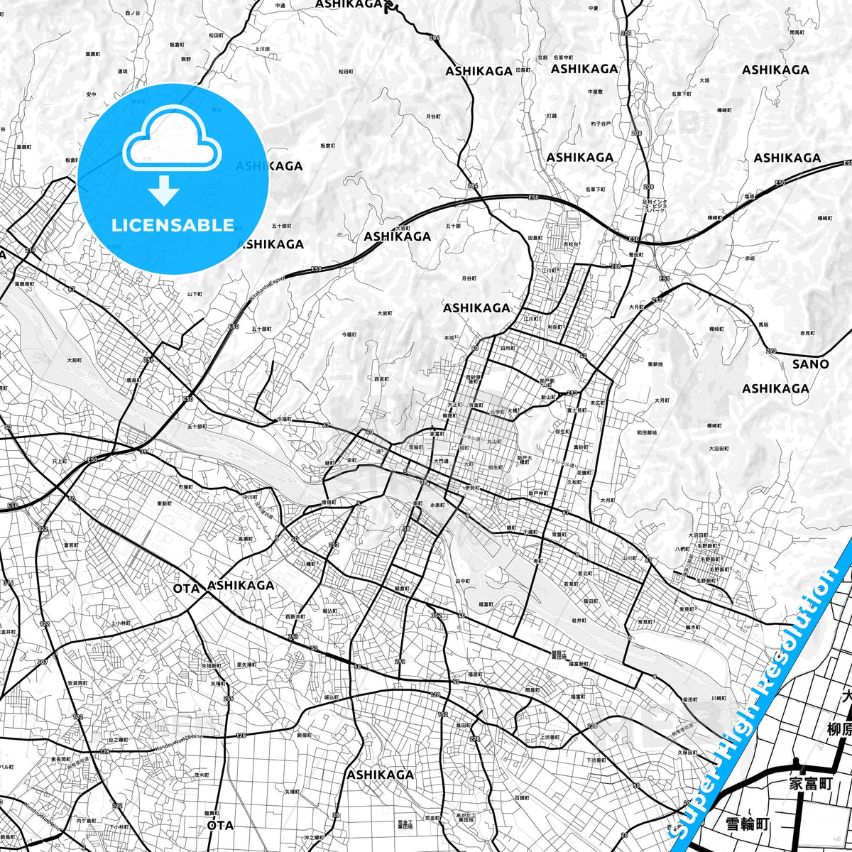Ashikaga, Japan Light Map with Street Names, City Names, and Districts