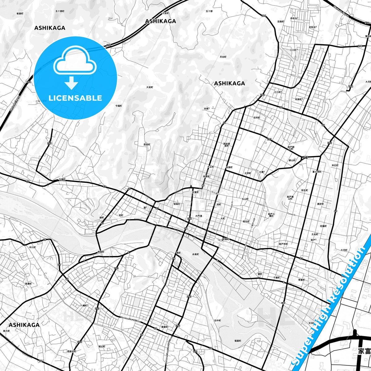 Ashikaga, Japan Light Map with Street Names, City Names, and Districts