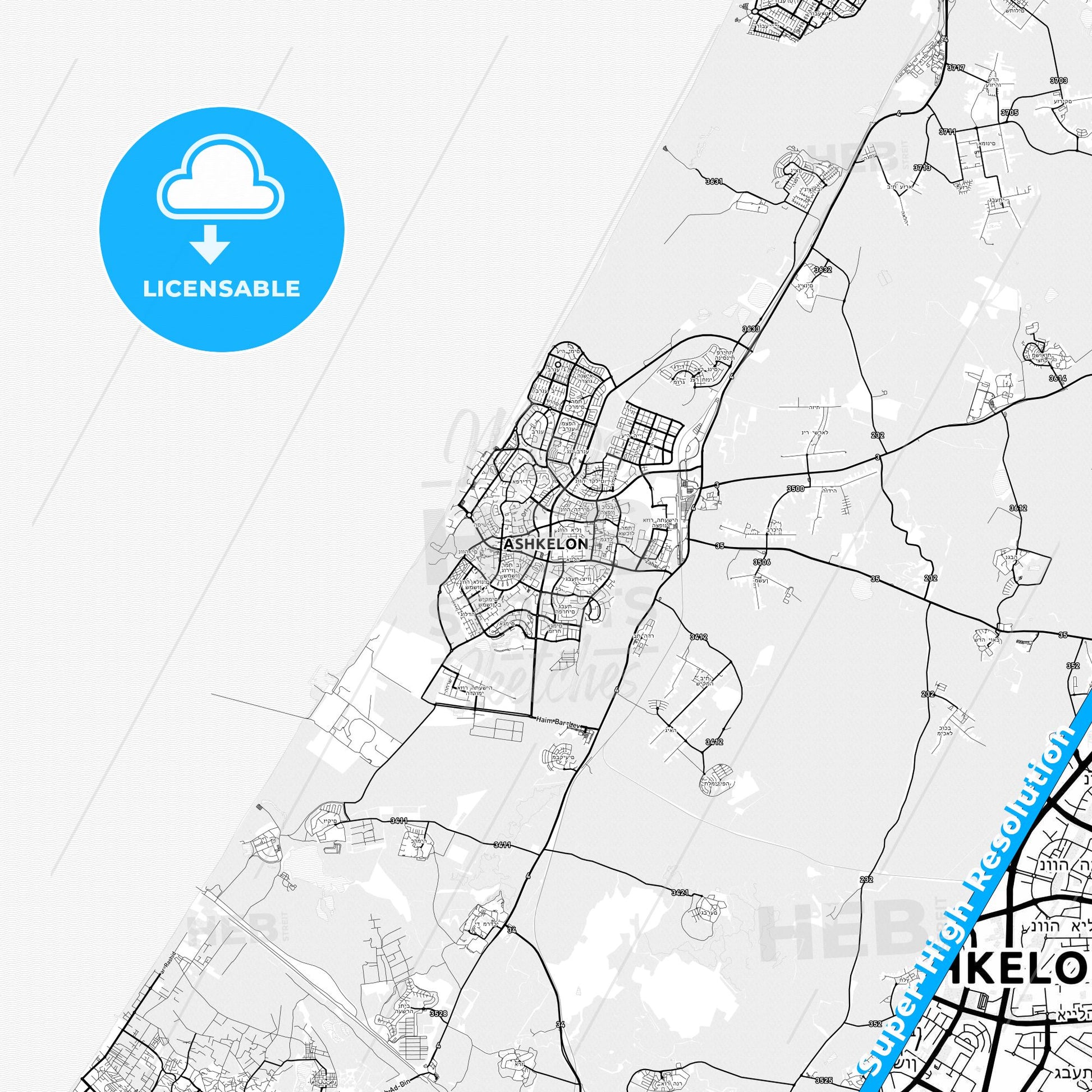 Ashkelon, Israel light map with streetnames, citynames and districts