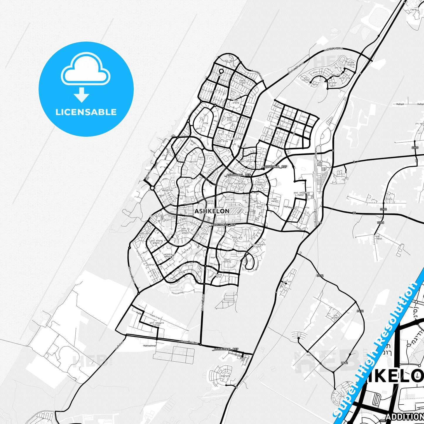 Ashkelon, Israel Light Map with Street Names, City Names, and Districts