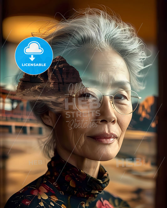 Elegant Asian Grandma Portrait with Glasses, Mountain Double Exposure, Vibrant Painting, Senior Woman, Happy Smile, Leisure Scenery