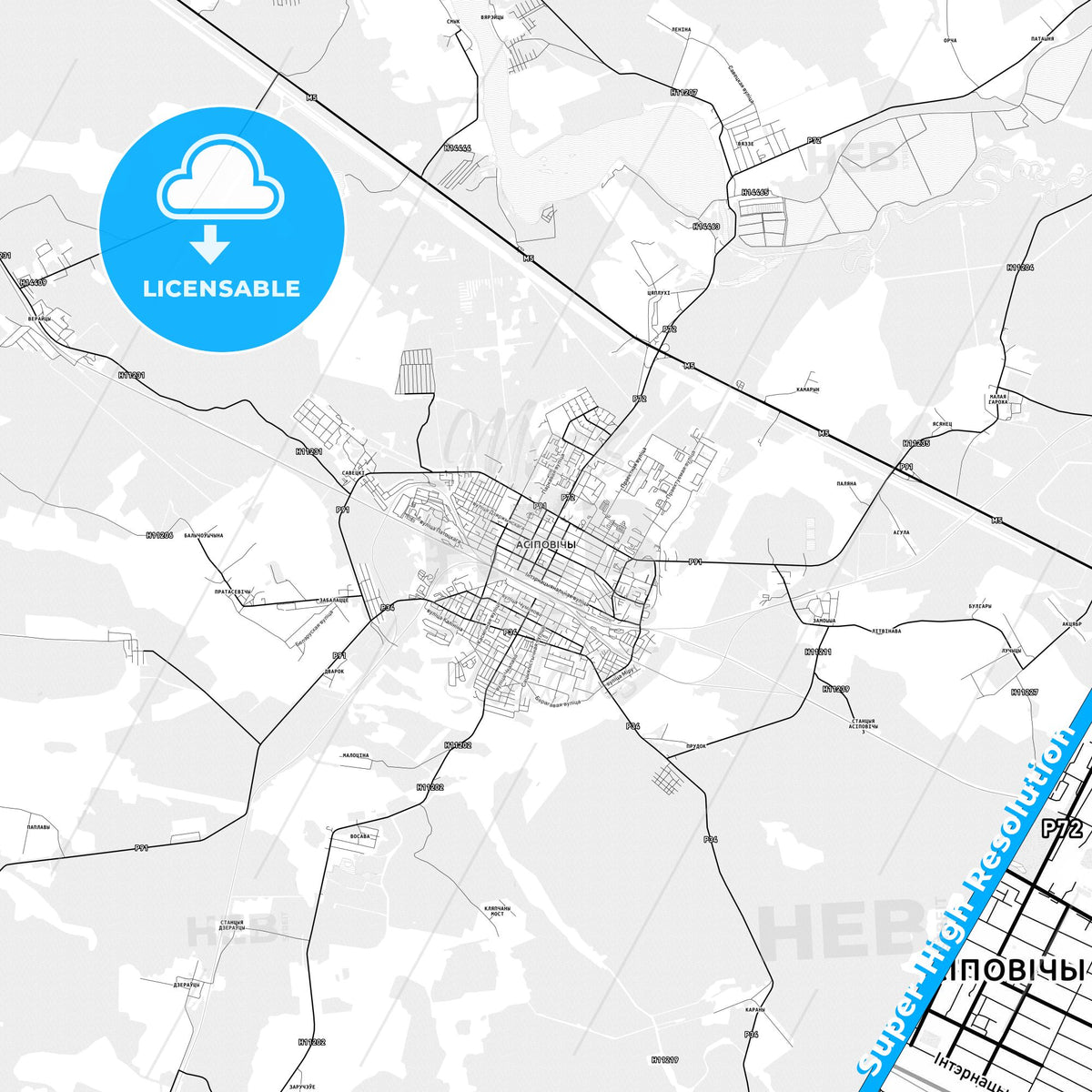 Asipovichy, Belarus light map with streetnames, citynames and districts