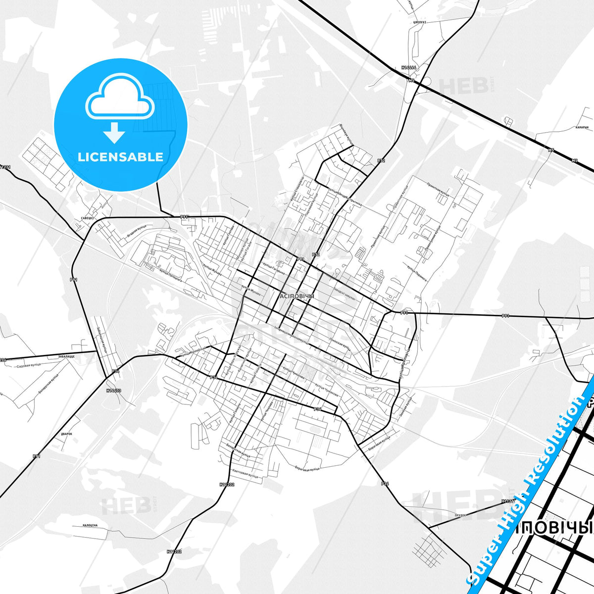 Asipovichy, Belarus Light Map with Street Names, City Names, and Districts