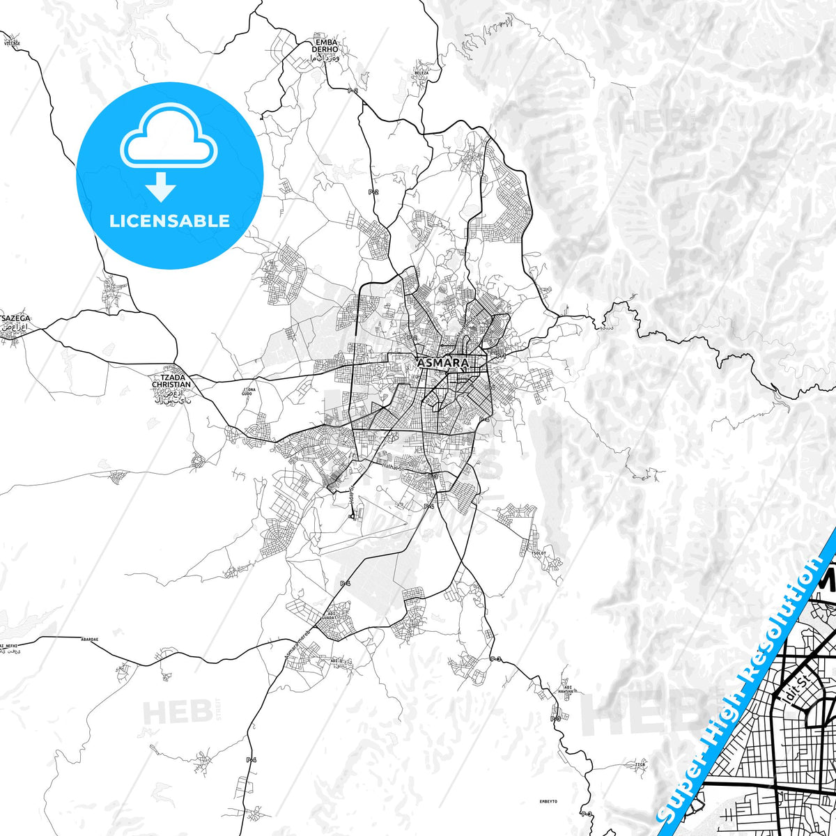 Asmara, Eritrea light map with streetnames, citynames and districts