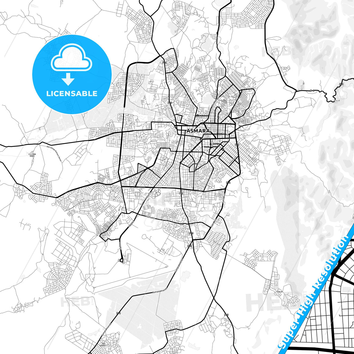 Asmara, Eritrea Light Map with Street Names, City Names, and Districts