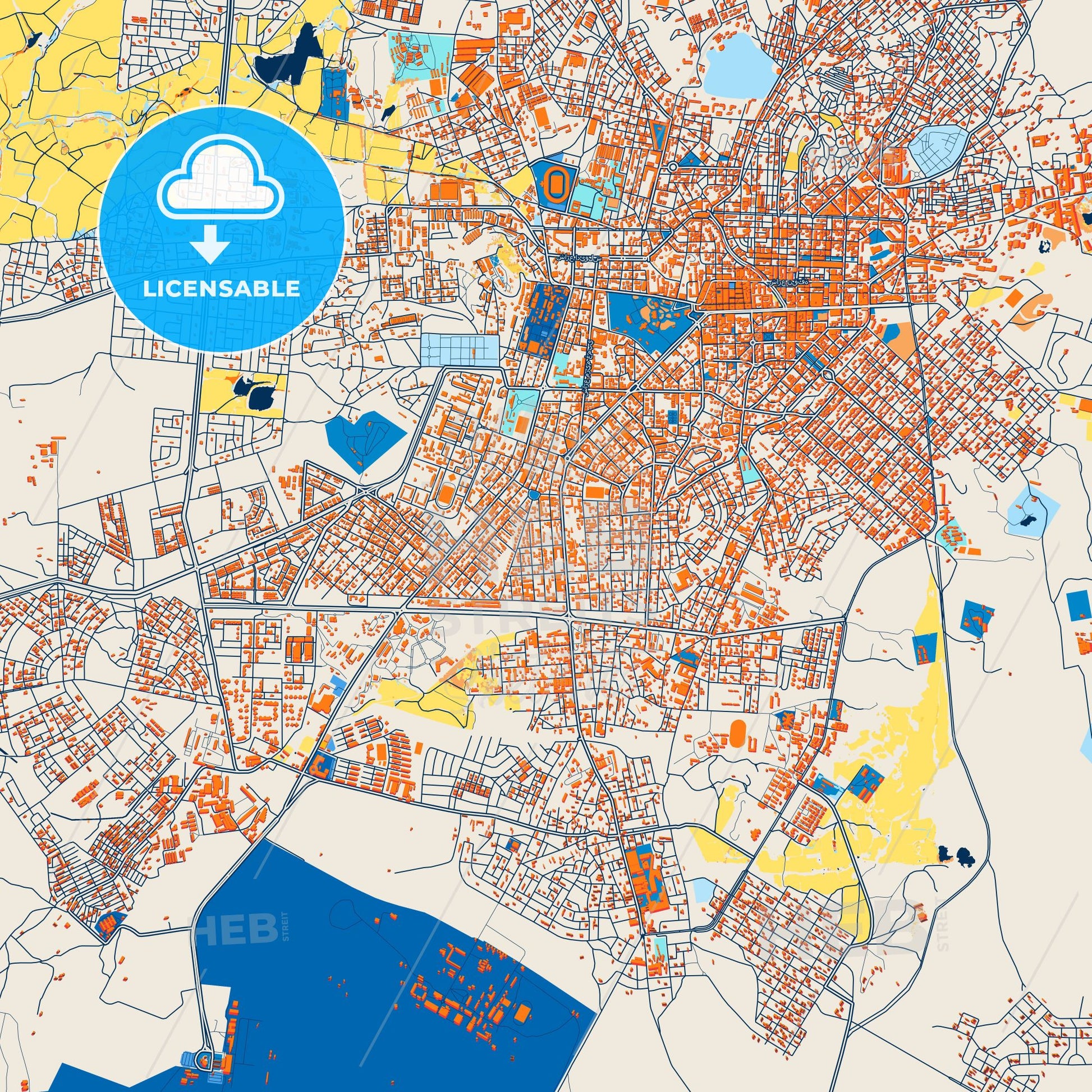 Colorful Asmara Street Map with Labels and Buildings