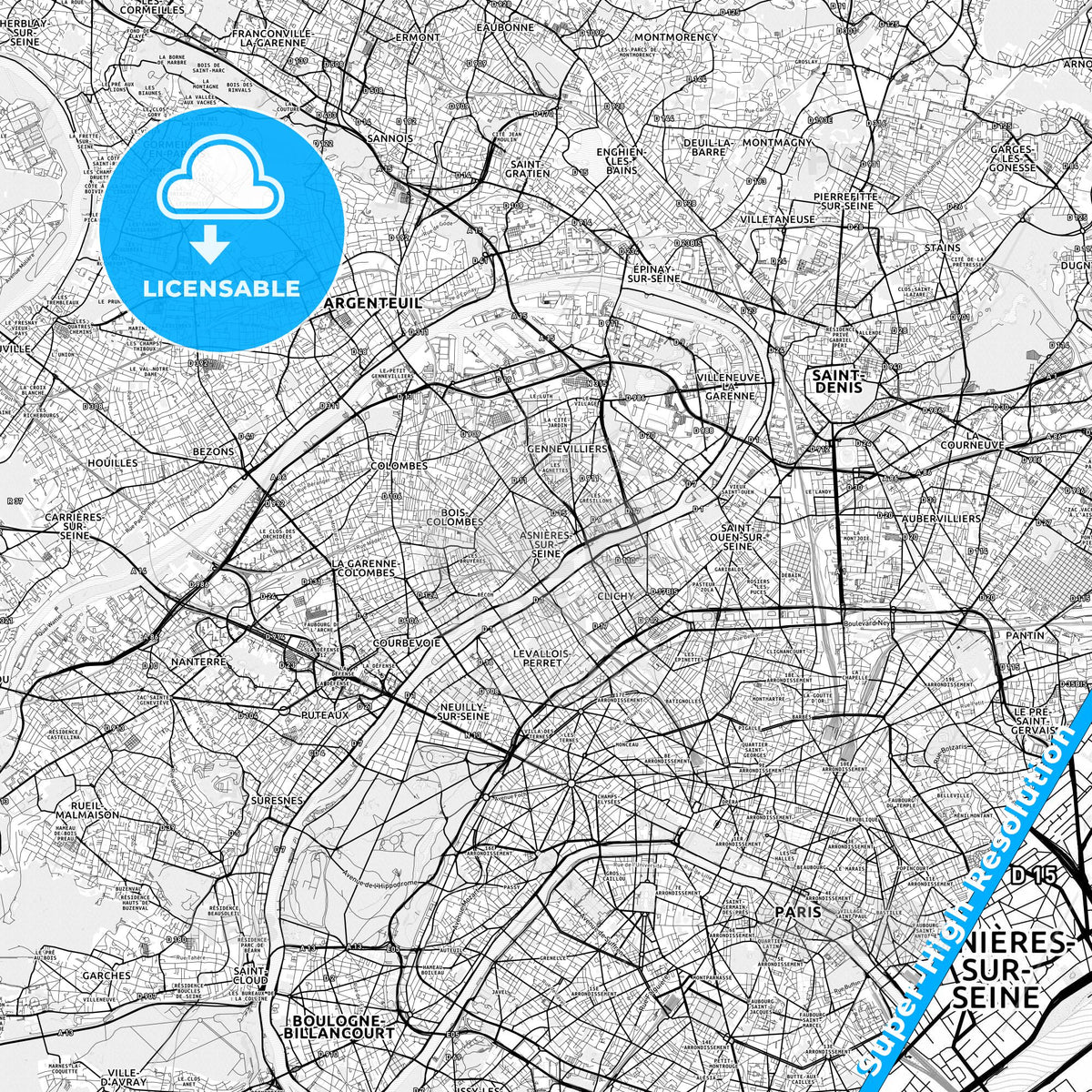 Asnières-sur-Seine, France light map with streetnames, citynames and districts
