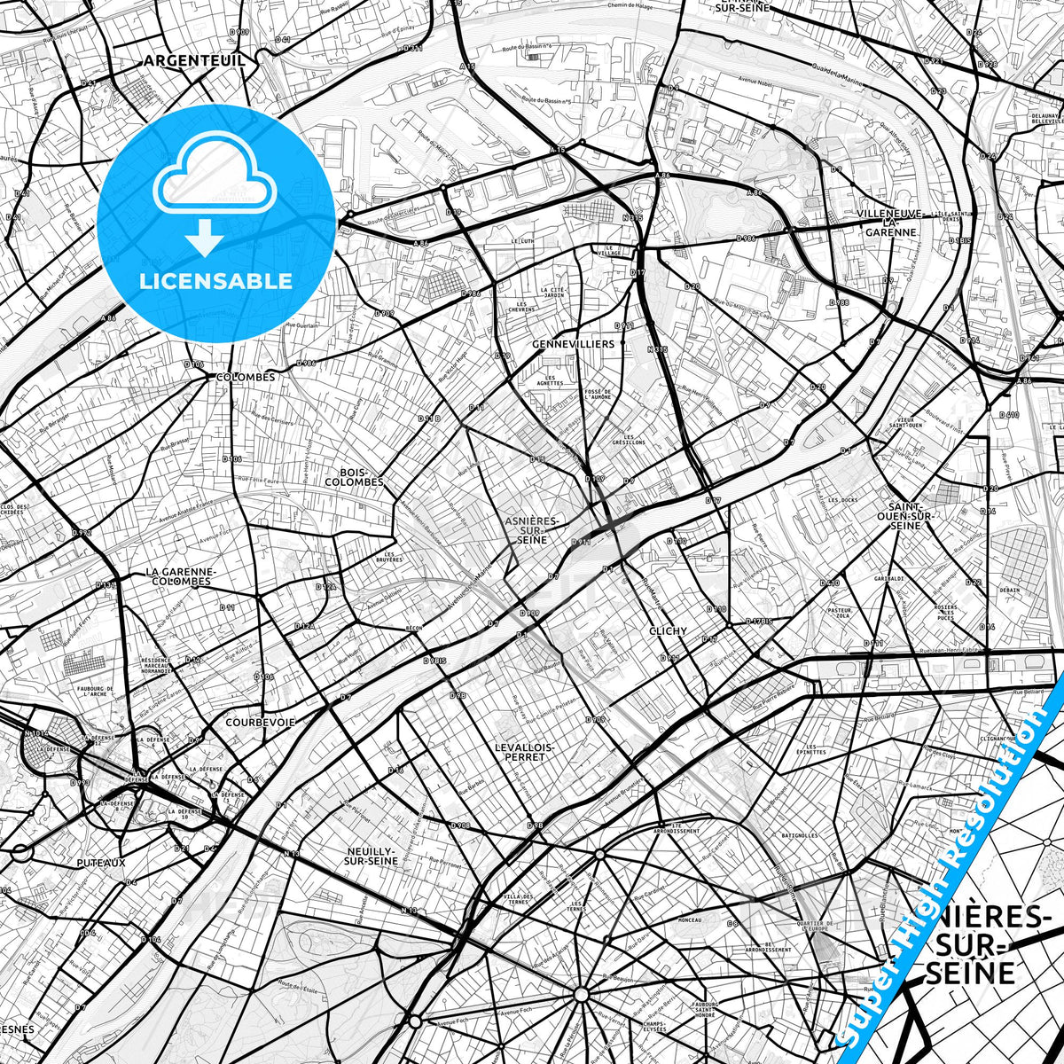 Asnières-sur-Seine, France Light Map with Street Names, City Names, and Districts