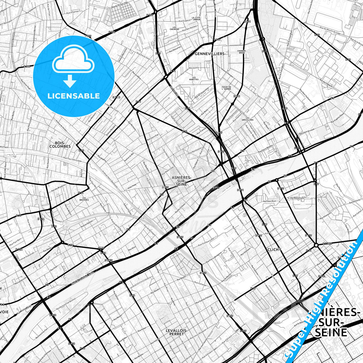 Asnières-sur-Seine, France Light Map with Street Names, City Names, and Districts