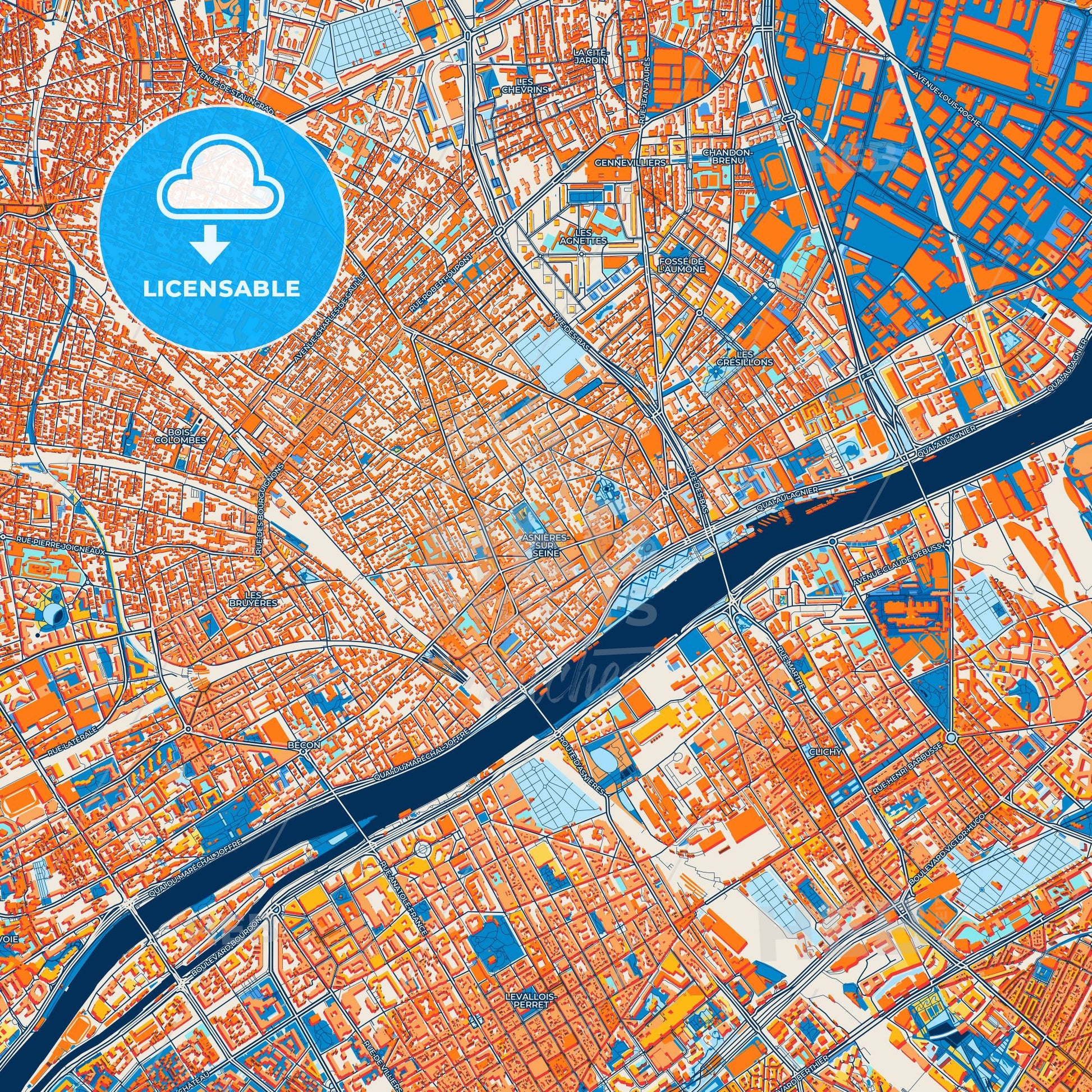 Colorful Asnières-sur-Seine Street Map with Labels and Buildings