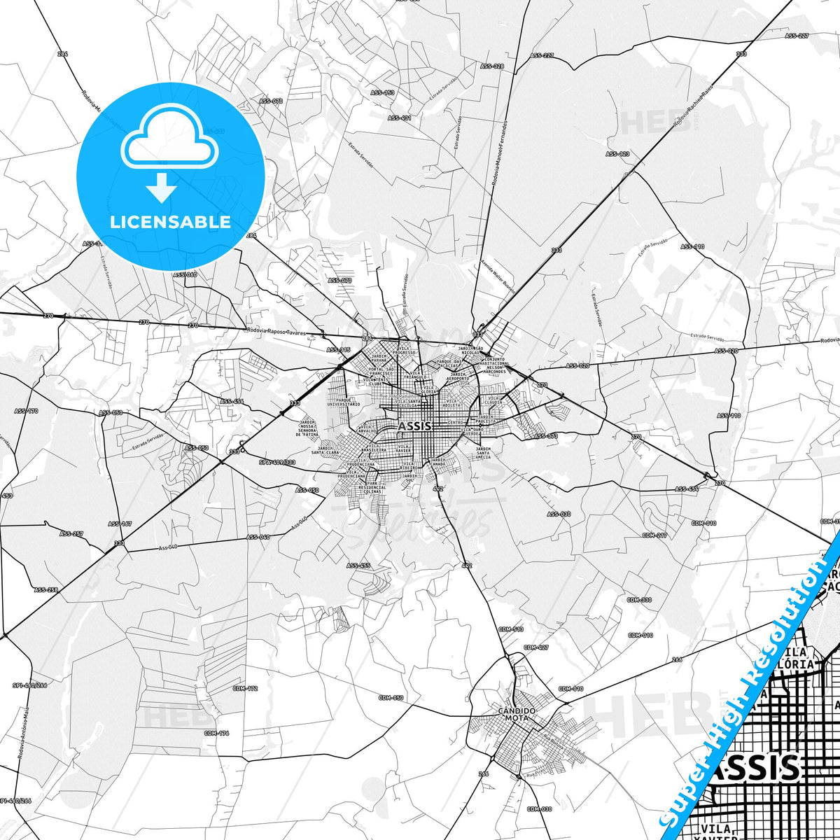 Assis, Brazil light map with streetnames, citynames and districts