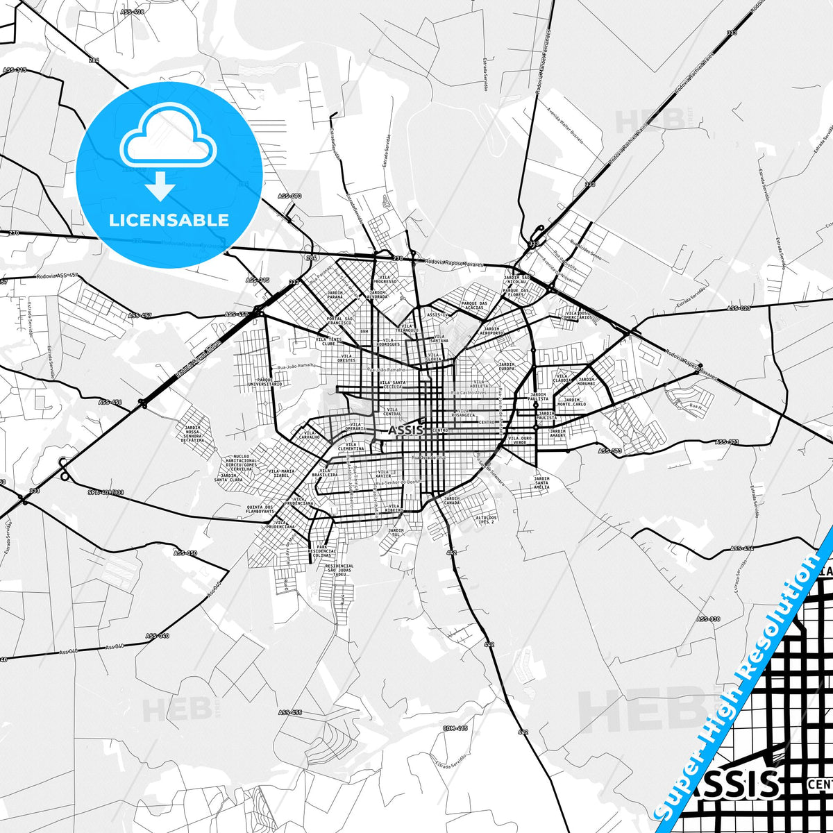 Assis, Brazil Light Map with Street Names, City Names, and Districts