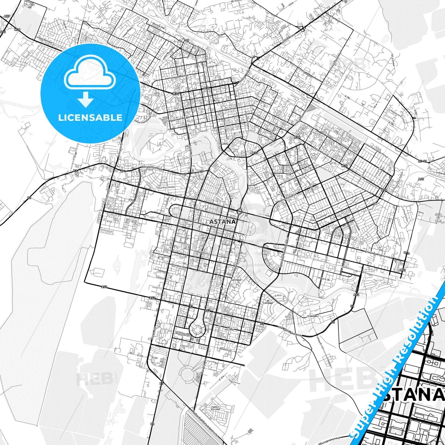 Astana, Kazakhstan light map with streetnames, citynames and districts