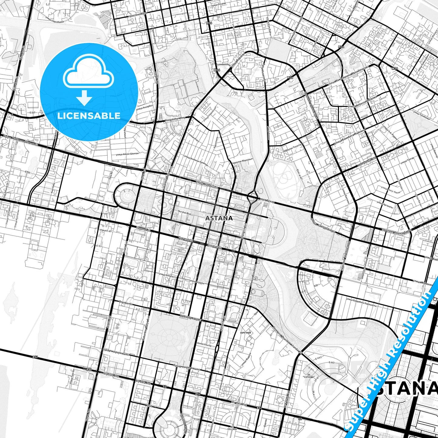 Astana, Kazakhstan Light Map with Street Names, City Names, and Districts