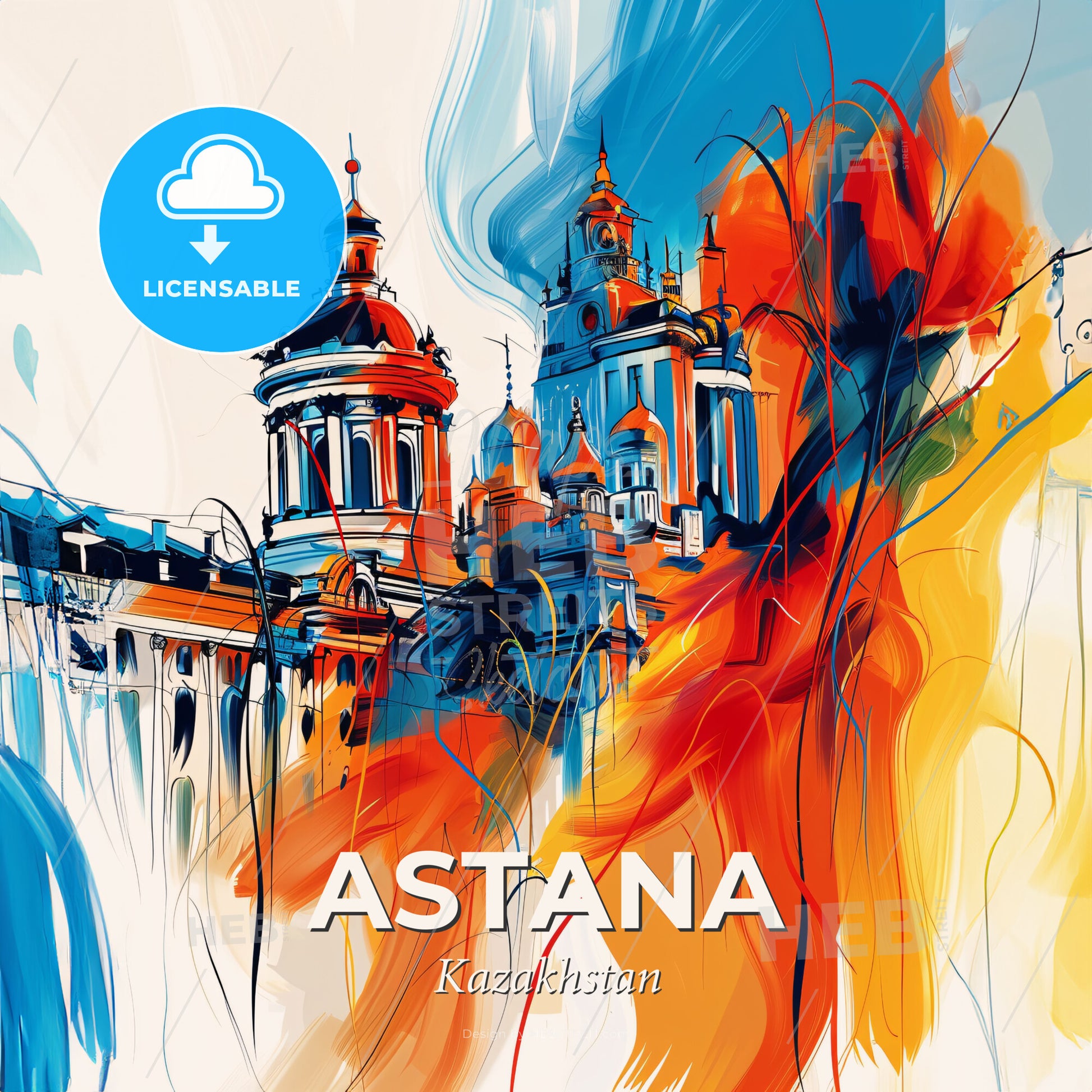 Vibrant Astana, Kazakhstan - A Painting Of A Building With Towers And A Colorful Background - Square format print template