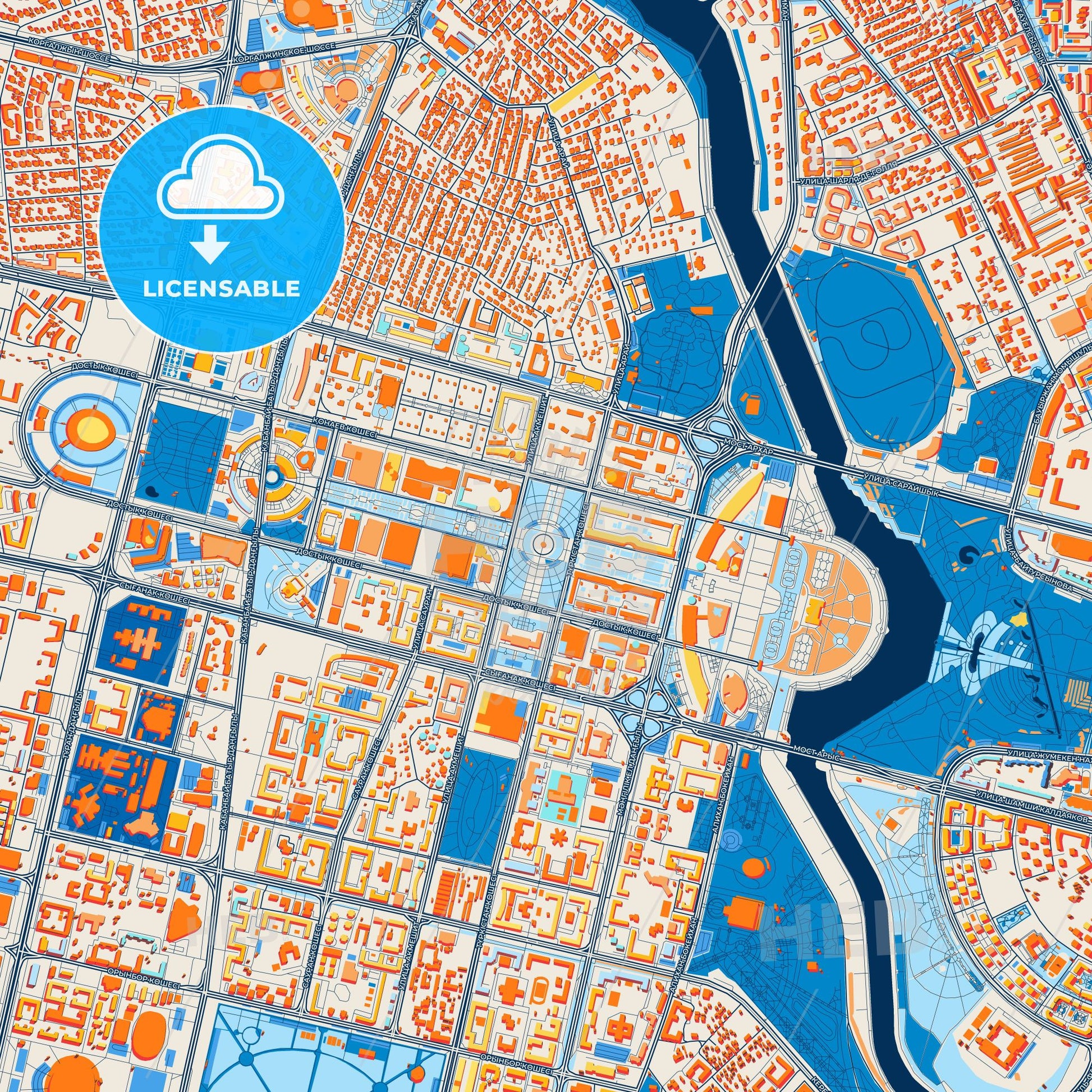 Colorful Astana Street Map with Labels and Buildings