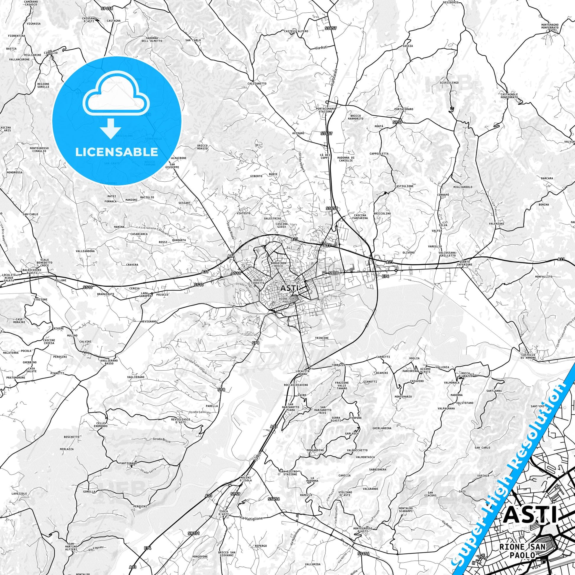 Asti, Italy light map with streetnames, citynames and districts