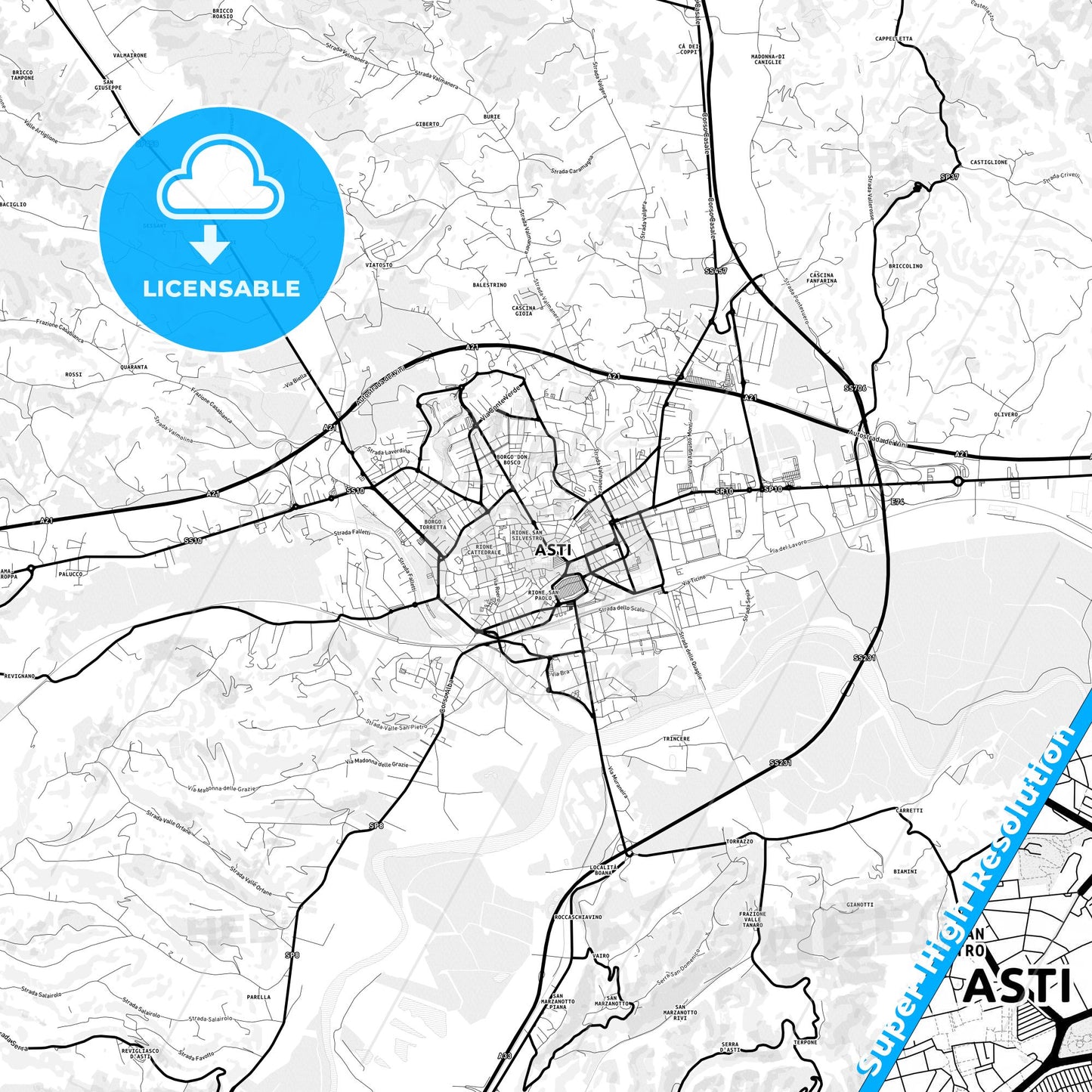 Asti, Italy Light Map with Street Names, City Names, and Districts