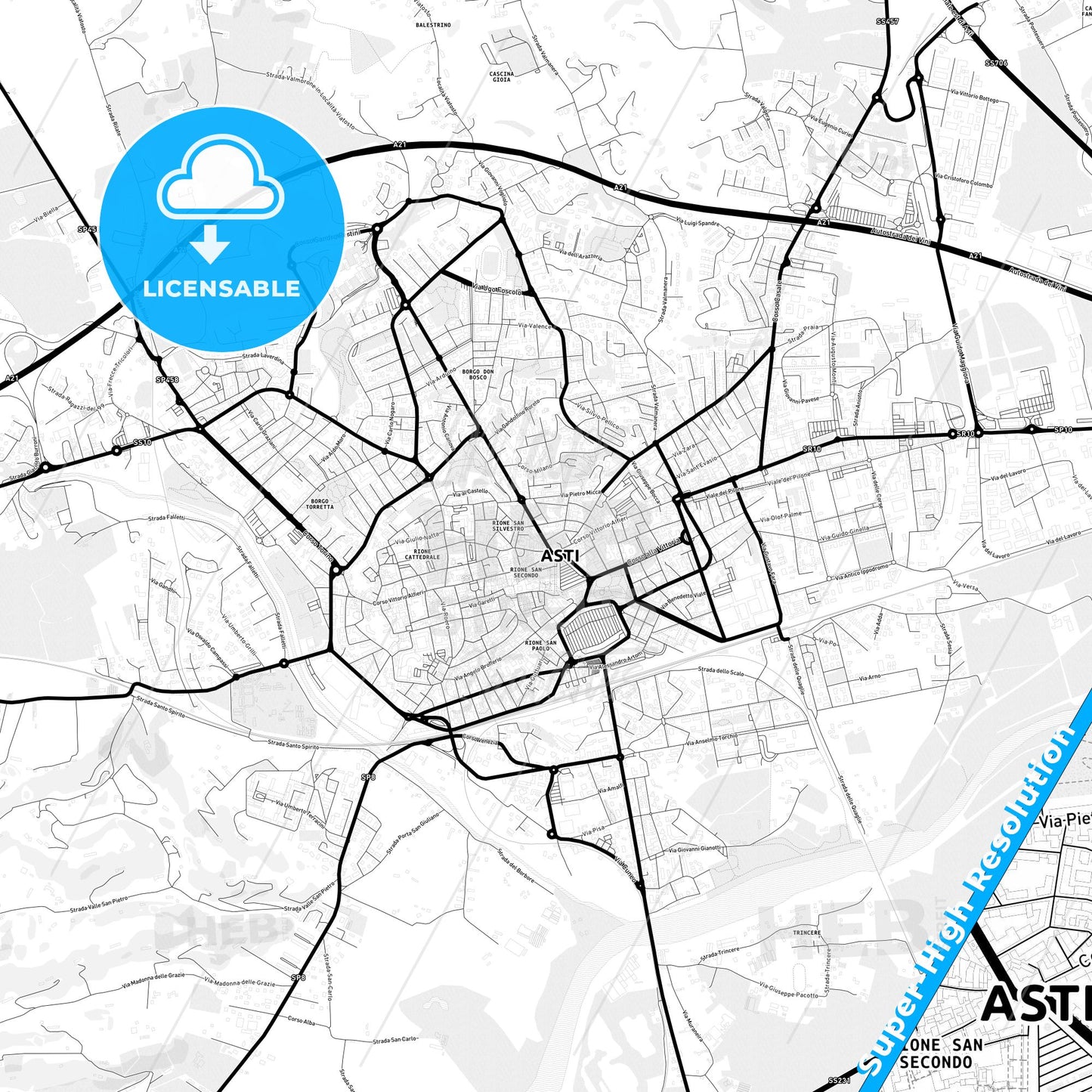 Asti, Italy Light Map with Street Names, City Names, and Districts