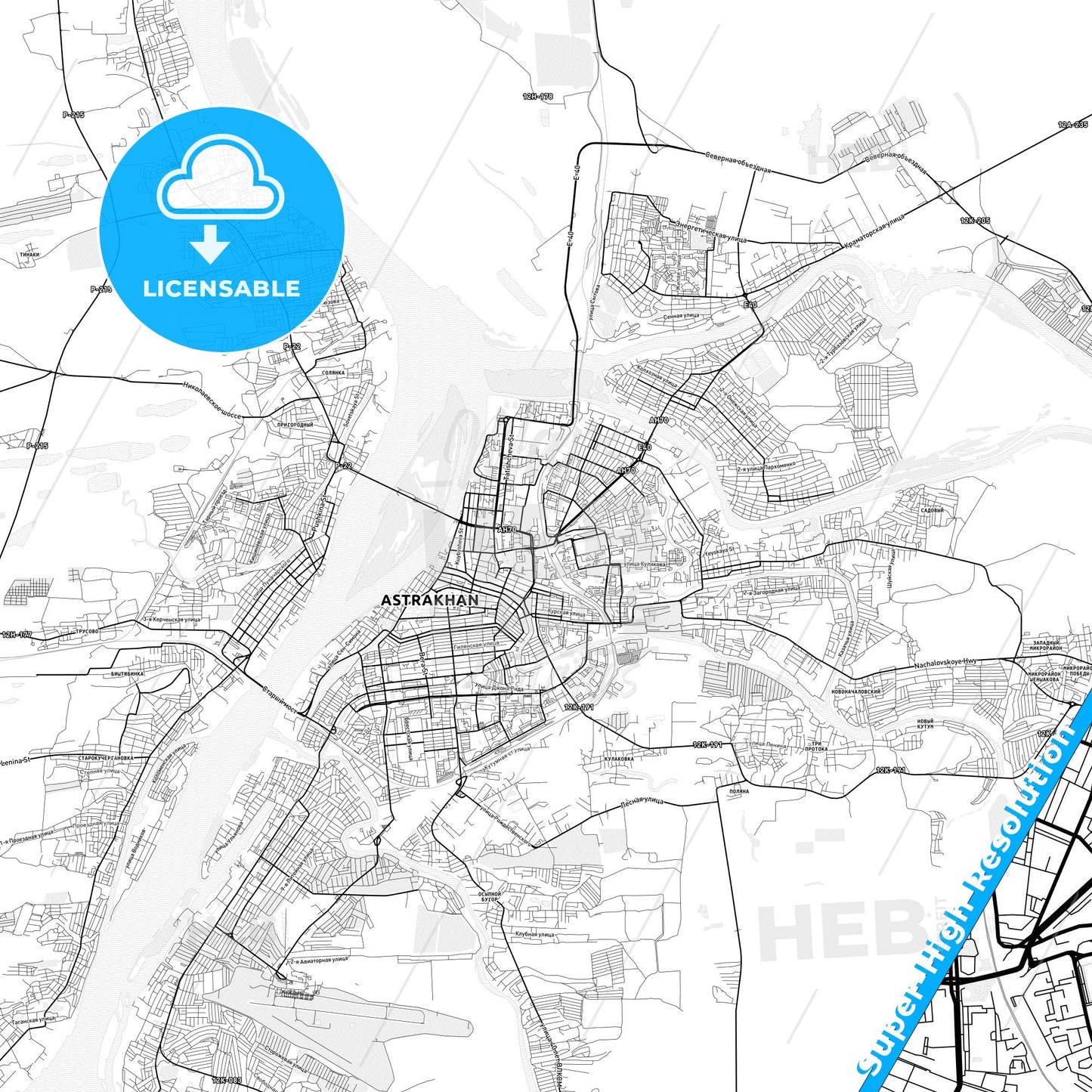 Astrakhan, Russia light map with streetnames, citynames and districts