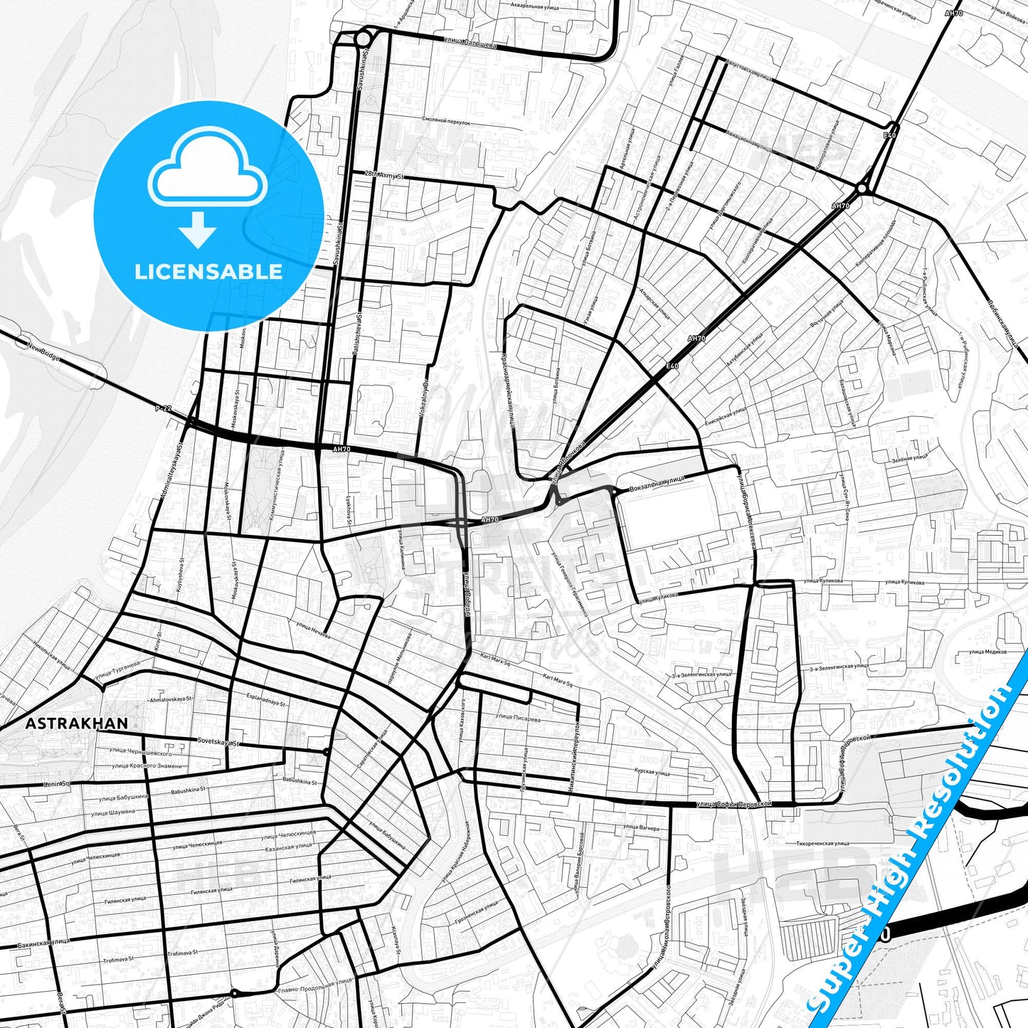 Astrakhan, Russia Light Map with Street Names, City Names, and Districts