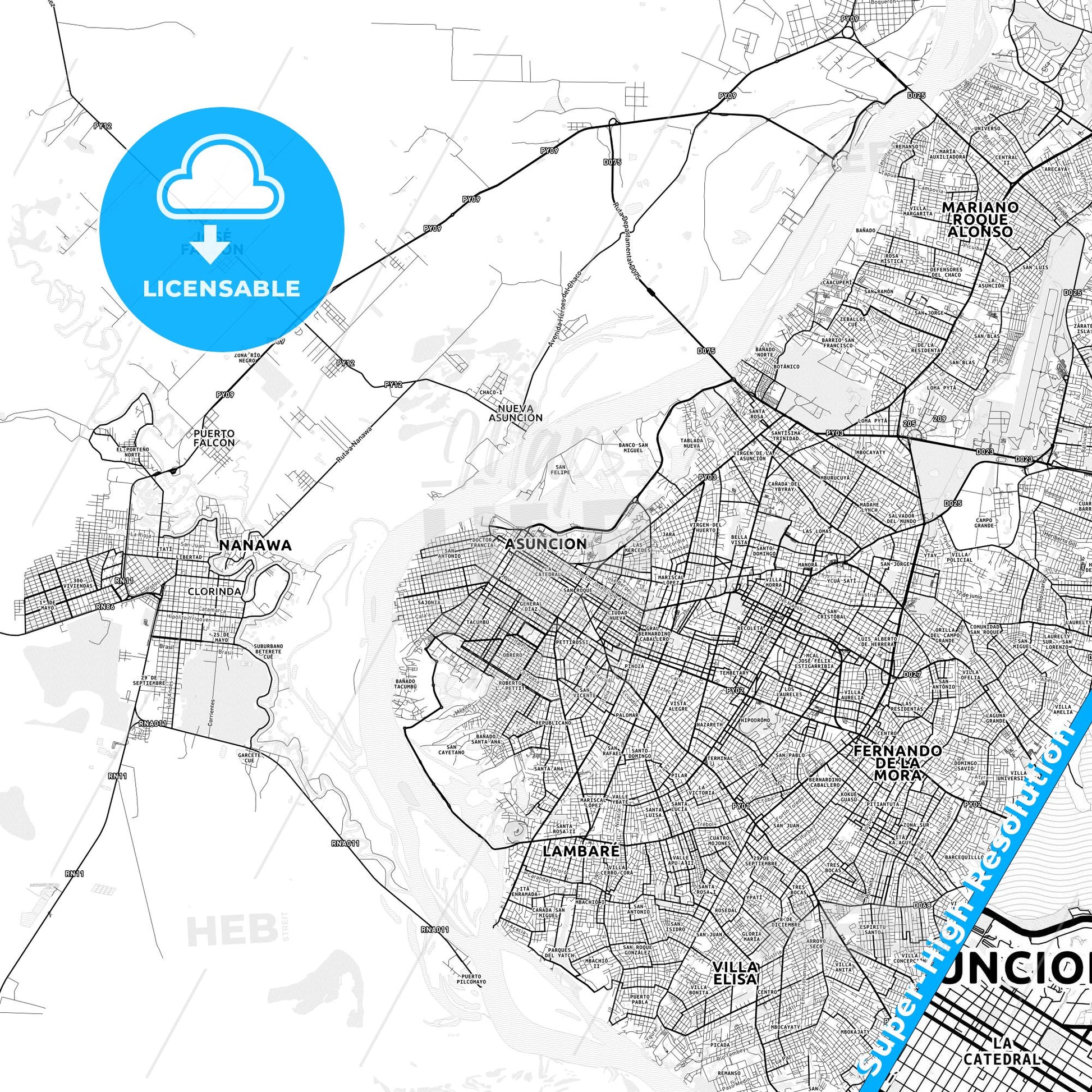 Asuncion, Paraguay light map with streetnames, citynames and districts