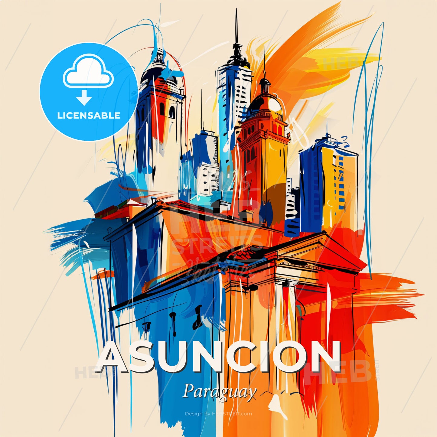 Vibrant Asuncion, Paraguay - A Colorful Drawing Of A City - Square format print template
