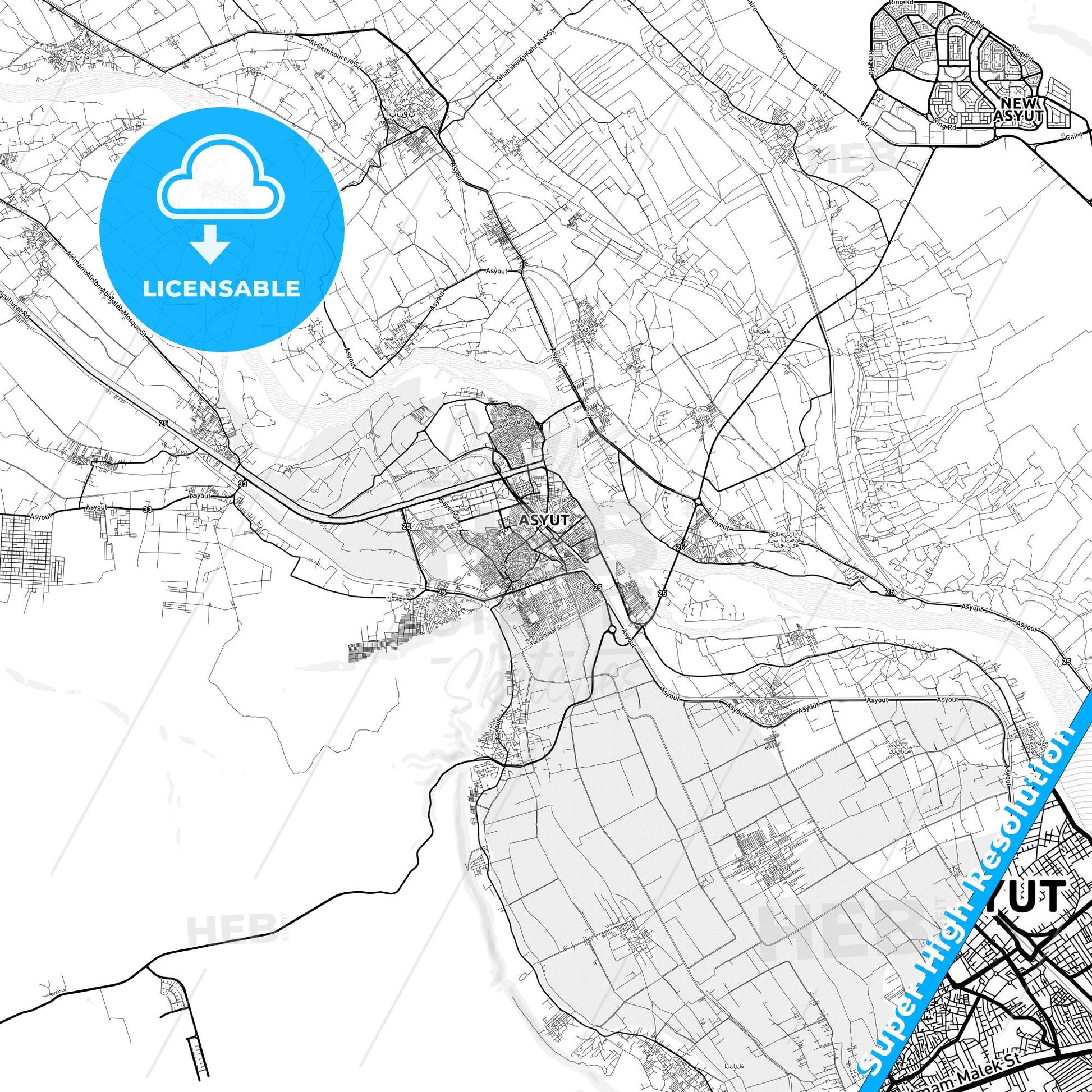Asyut, Egypt light map with streetnames, citynames and districts