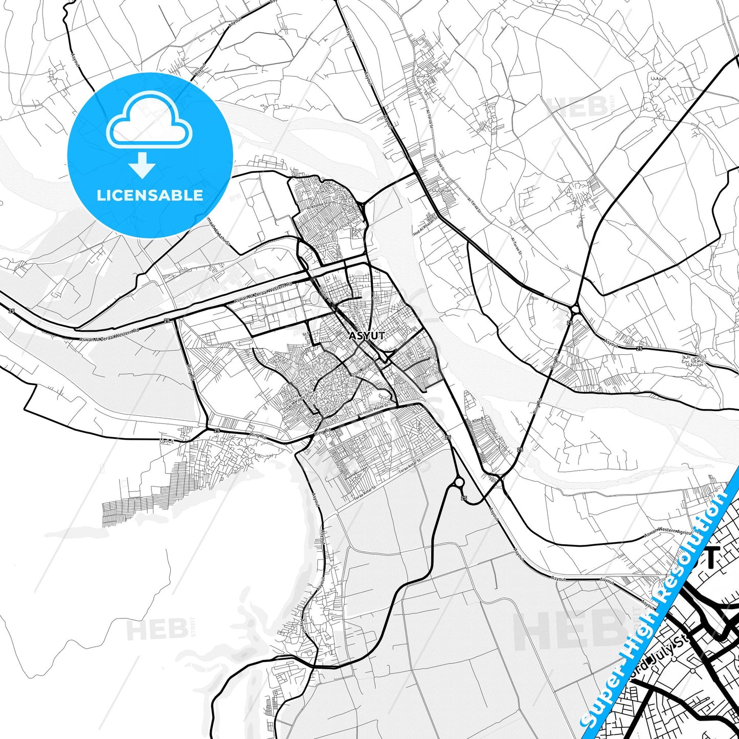 Asyut, Egypt Light Map with Street Names, City Names, and Districts