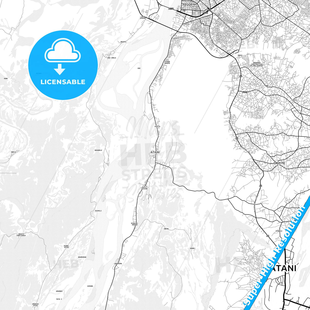 Atani, Nigeria light map with streetnames, citynames and districts