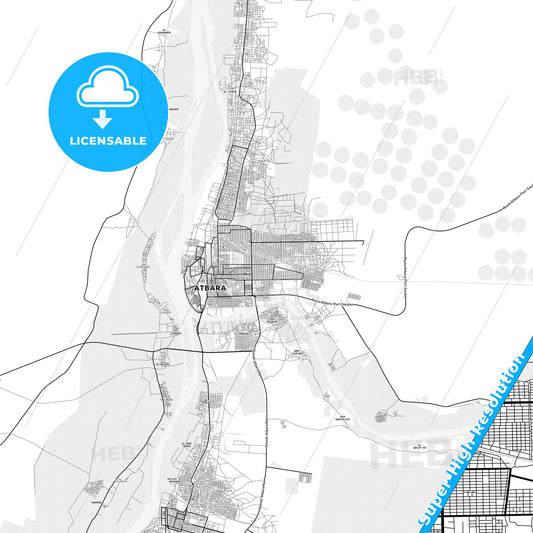 Atbara, Sudan light map with streetnames, citynames and districts