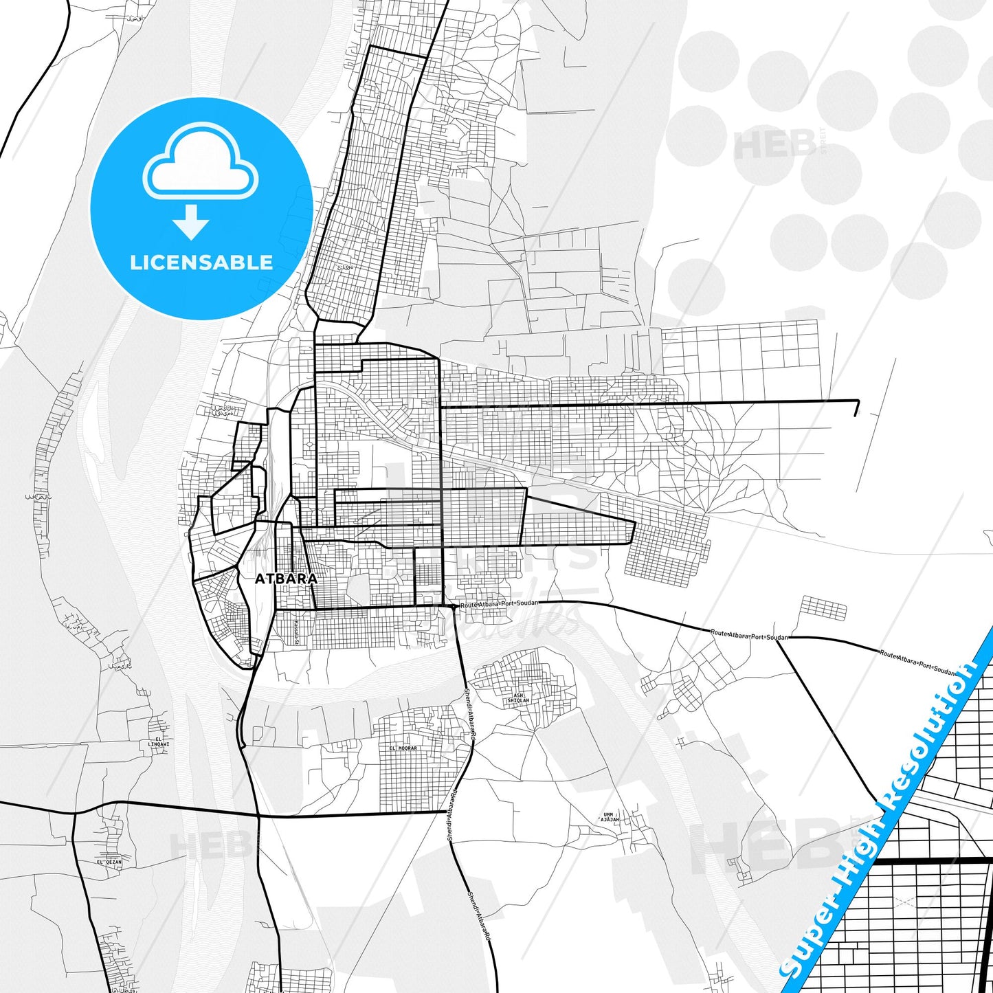 Atbara, Sudan Light Map with Street Names, City Names, and Districts