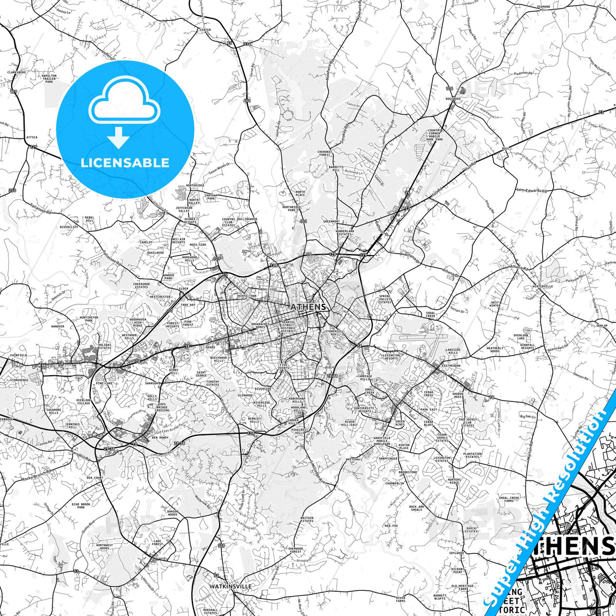 Athens-Clarke County, Georgia light map with streetnames, citynames and districts
