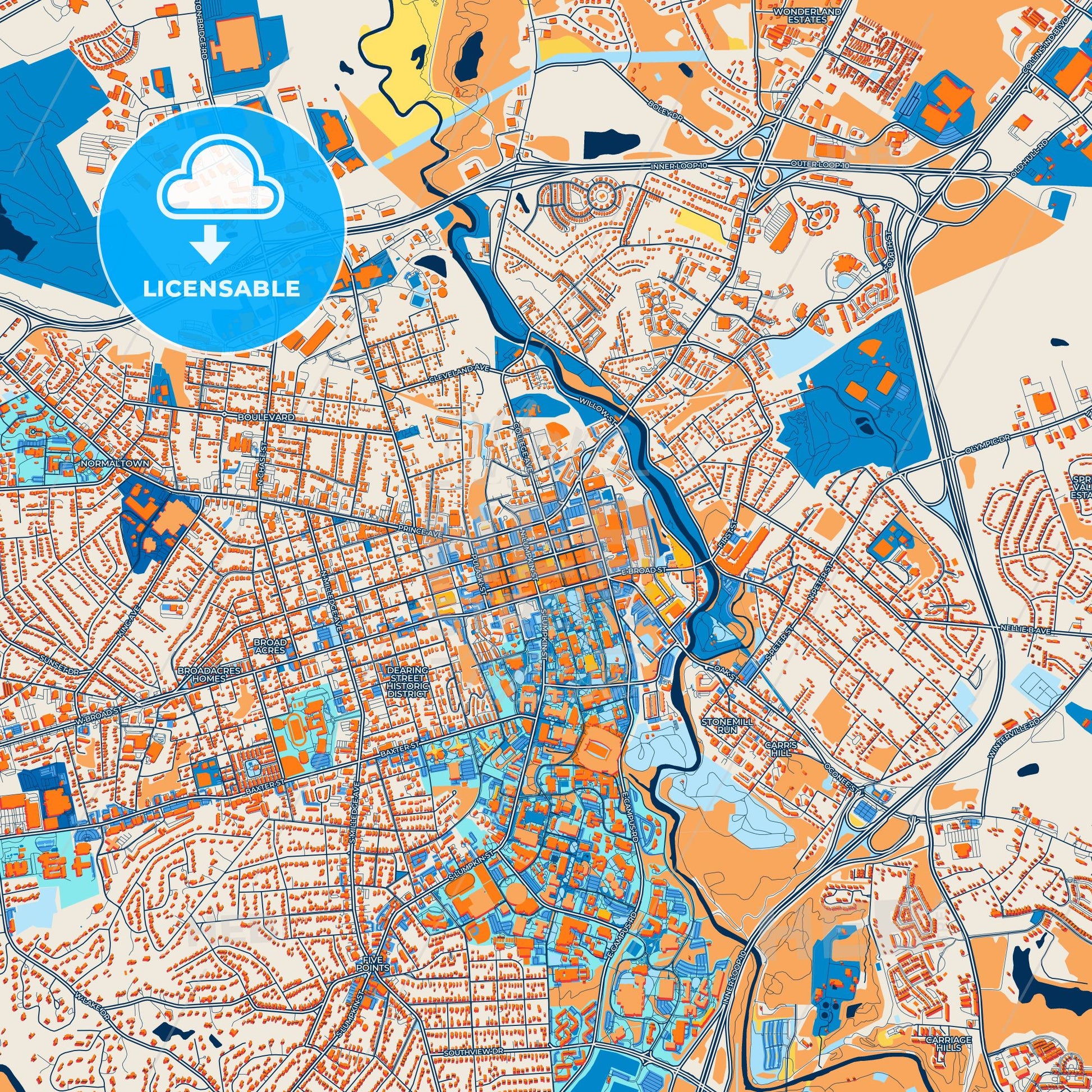 Colorful Athens-Clarke County Street Map with Labels and Buildings